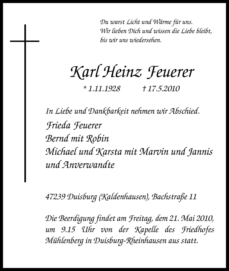  Traueranzeige für Karl Heinz Feuerer vom 19.05.2010 aus Tageszeitung