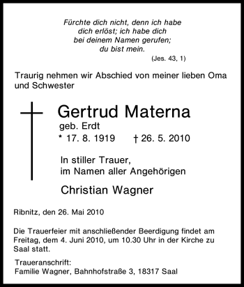 Traueranzeige von Gertrud Materna von Tageszeitung