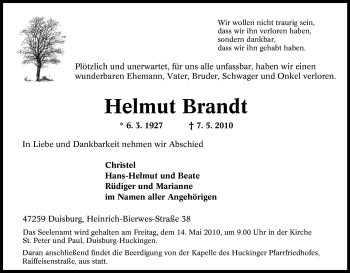 Traueranzeige von Helmut Brandt von Tageszeitung