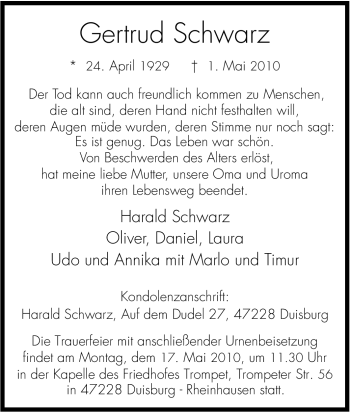 Traueranzeige von Gertrud Schwarz von Tageszeitung