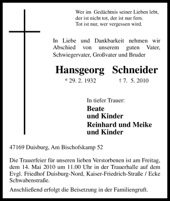 Traueranzeige von Hansgeorg Schneider von Tageszeitung