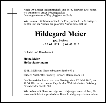 Traueranzeige von Hildegard Meier von Tageszeitung