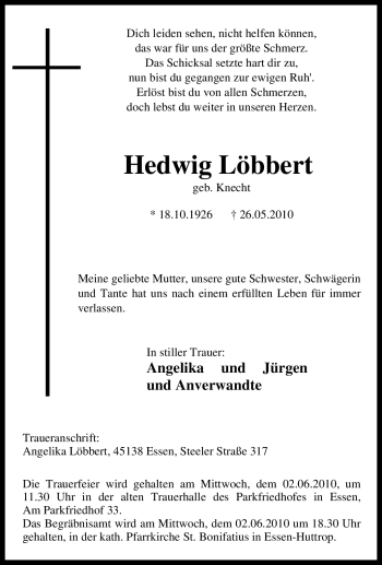 Traueranzeige von Hedwig Löbbert von Tageszeitung