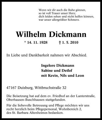 Traueranzeige von Wilhelm Dickmann von Tageszeitung