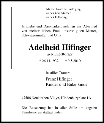 Traueranzeige von Adelheid Hifinger von Tageszeitung