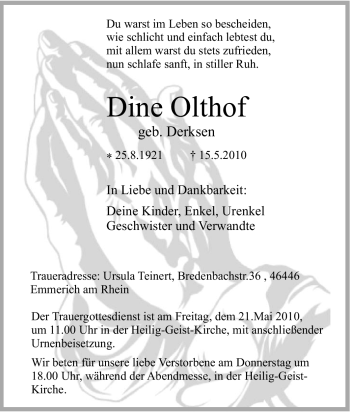 Traueranzeige von Dine Olthof von Tageszeitung