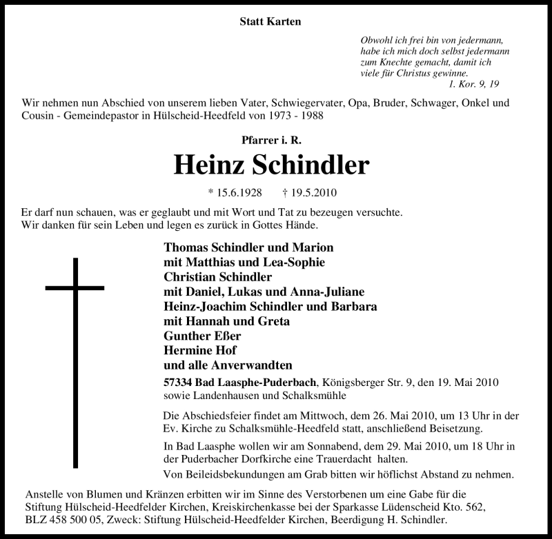  Traueranzeige für Heinz Schindler vom 22.05.2010 aus Tageszeitung