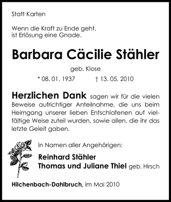 Traueranzeige von Barbara Cäcilie Stähler von Tageszeitung