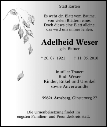 Traueranzeige von Adelheid Weser von Tageszeitung