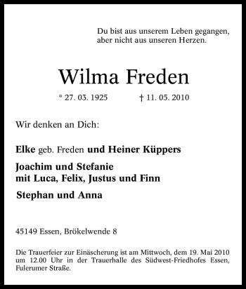 Traueranzeige von Wilma Freden von Tageszeitung