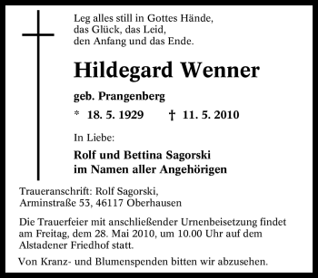 Traueranzeige von Hildegard Wenner von Tageszeitung