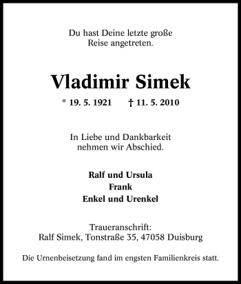 Traueranzeige von Vladimir Simek von Tageszeitung