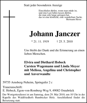 Traueranzeige von Johann Janczer von Tageszeitung