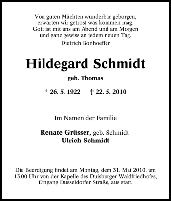 Traueranzeige von Hildegard Schmidt von Tageszeitung