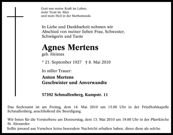 Traueranzeige von Agnes Mertens von Tageszeitung