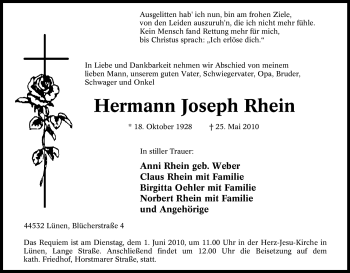 Traueranzeige von Hermann Joseph Rhein von Tageszeitung
