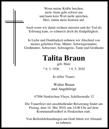 Traueranzeige von Talita Braun von Tageszeitung