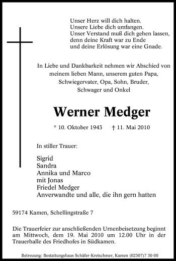 Traueranzeige von Werner Medger von Tageszeitung