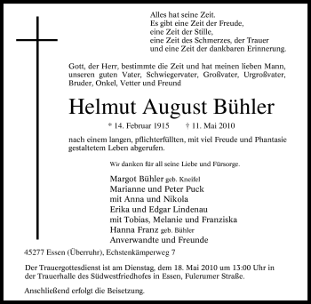 Traueranzeige von Helmut August Bühler von Tageszeitung