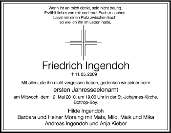 Traueranzeige von Friedrich Ingendoh von Tageszeitung