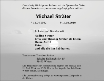 Traueranzeige von Michael Sträter von Tageszeitung