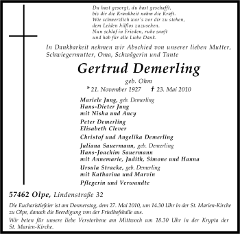 Traueranzeige von Gertrud Demerling von Tageszeitung