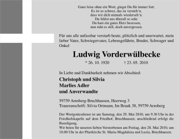 Traueranzeige von Ludwig Vorderwülbecke von Tageszeitung