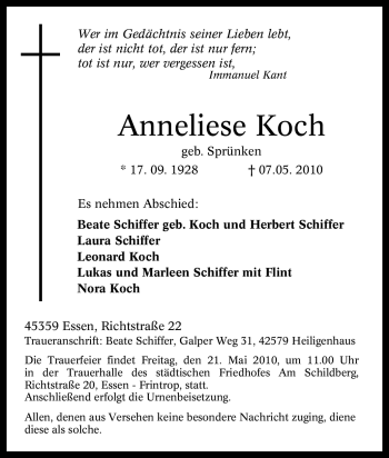 Traueranzeige von Anneliese Koch von Tageszeitung