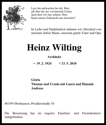 Traueranzeige von Heinz Wilting von Tageszeitung