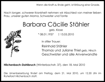 Traueranzeige von Barbara Cäcilie Stähler von Tageszeitung