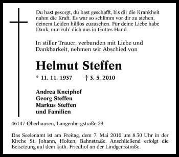 Traueranzeige von Helmut Steffen von Tageszeitung