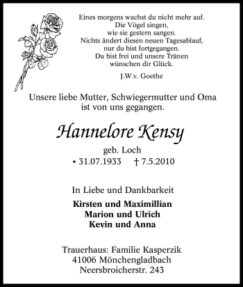 Traueranzeige von Hannelore Kensy von Tageszeitung