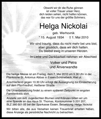 Traueranzeige von Helga Nickolai von Tageszeitung