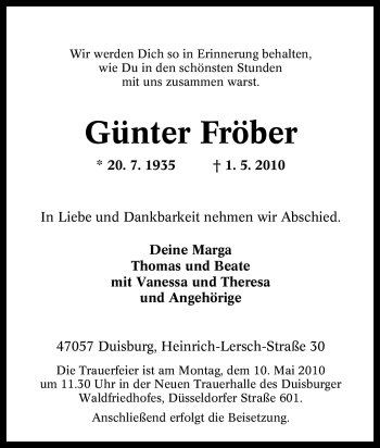 Traueranzeige von Günter Fröber von Tageszeitung