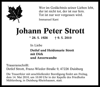 Traueranzeige von Johann Peter Strott von Tageszeitung