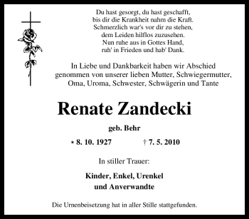 Traueranzeige von Renate Zandecki von Tageszeitung