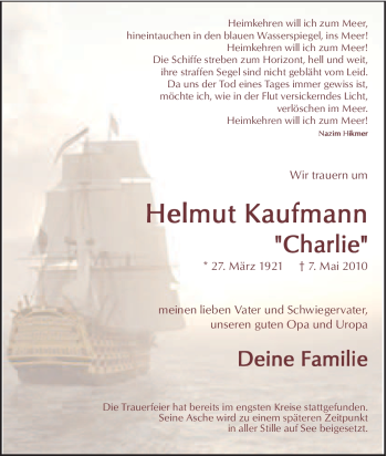 Traueranzeige von Helmut Kaufmann von Tageszeitung