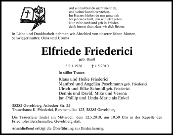 Traueranzeige von Elfriede Friederici von Tageszeitung