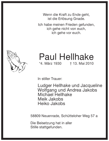 Traueranzeige von Paul Hellhake von Tageszeitung