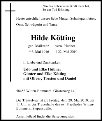 Traueranzeige von Hilde Kötting von Tageszeitung