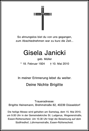 Traueranzeige von Gisela Janicki von Tageszeitung