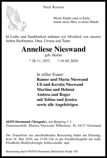 Traueranzeige von Anneliese Nieswand von Tageszeitung