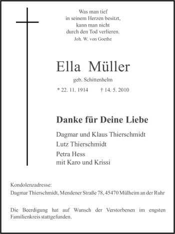 Traueranzeige von Ella Müller von Tageszeitung