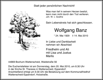 Traueranzeige von Wolfgang Banz von Tageszeitung