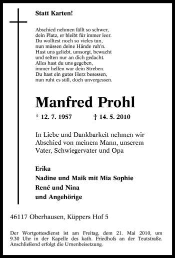 Traueranzeige von Manfred Prohl von Tageszeitung