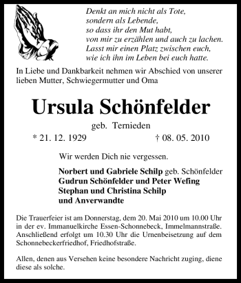 Traueranzeige von Ursula Schönfelder von Tageszeitung