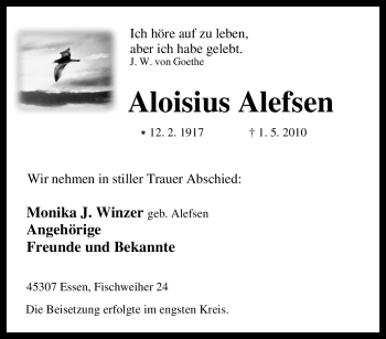 Traueranzeige von Aloisius Alefsen von Tageszeitung