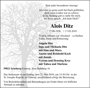 Traueranzeige von Alois Ditz von Tageszeitung