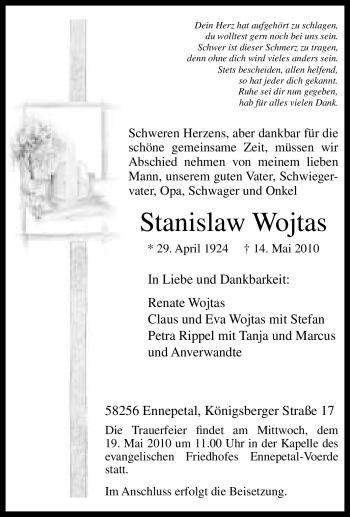 Traueranzeige von Stanislaw Wojtas von Tageszeitung