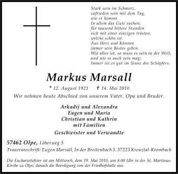 Traueranzeige von Markus Marsall von Tageszeitung